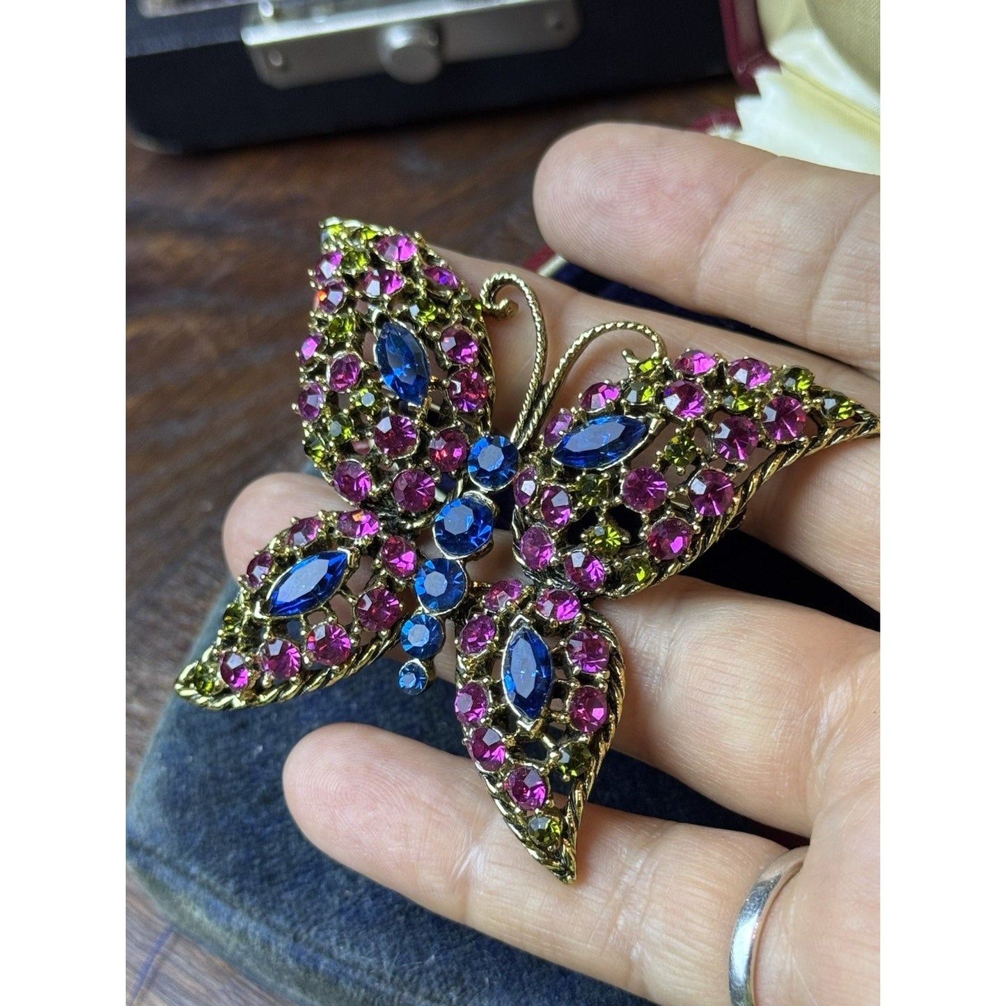 Vintage Butterfly Brooch Pink Blue Green Rhinestones Openwork Goldtone Large