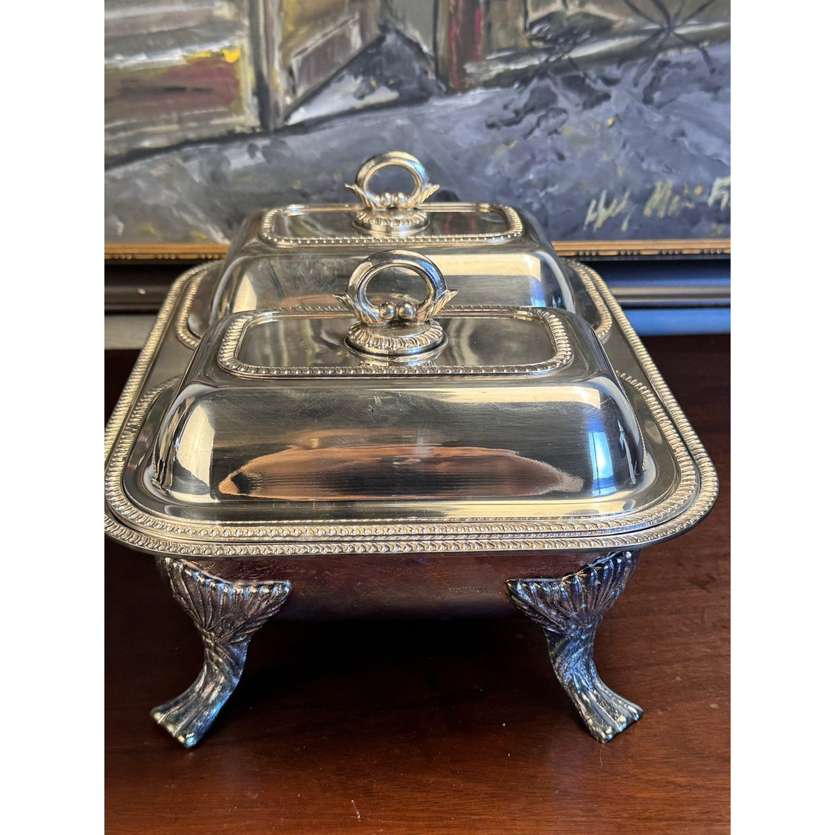 Silverplate Double Server Chafing Dish Rope Edge Footed Covered Vintage 15.25”