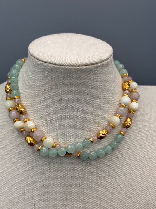 Vintage Necklace Multi Bead Green MOP Goldtone Long 30” Layering