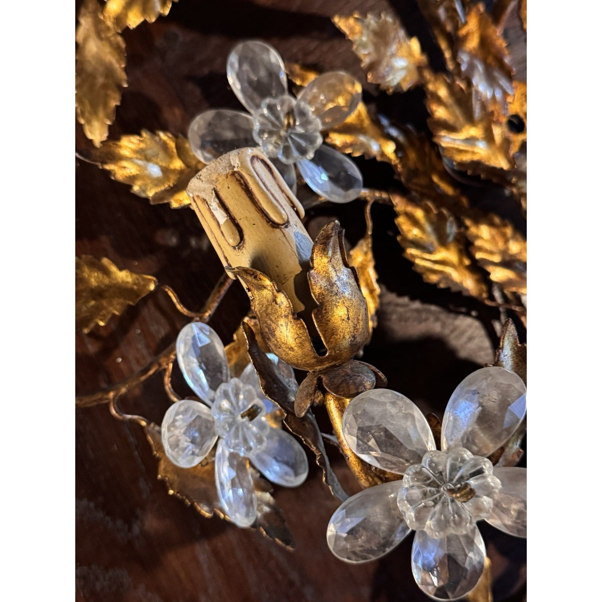 Maison Bagues Style Gilt Tole Wall Sconces Pair 6 Light Crystal Flowers Bow 27”