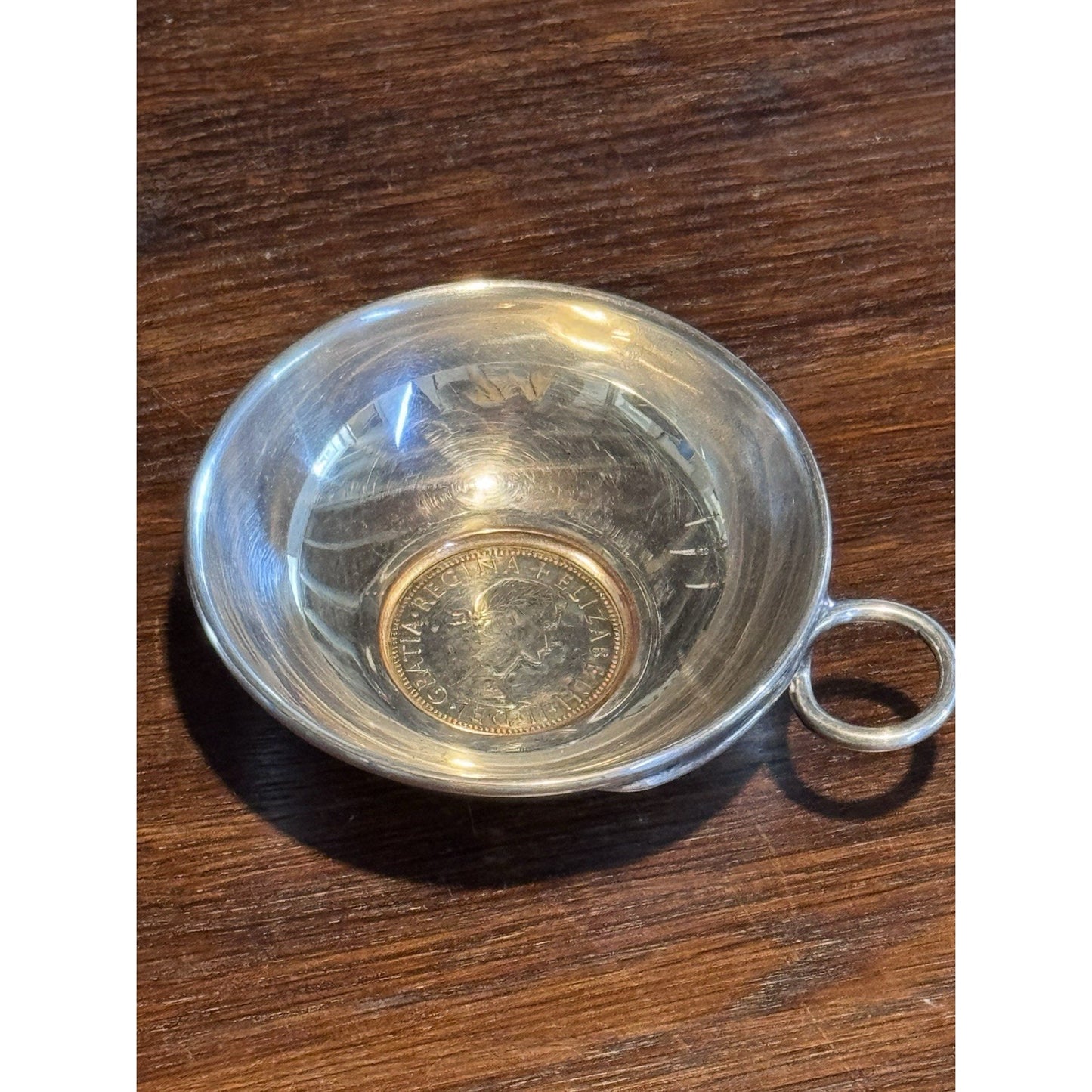 English Silverplate Wine Taster Tastevin 1957 Half Crown Coin Queen Elizabeth II