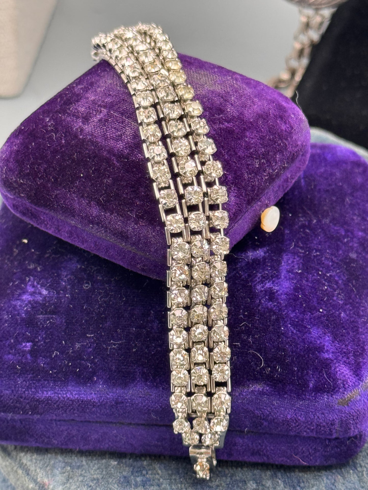 Vintage Articulated Rhinestone Bracelet 3 Row Clear Tennis 6.25”