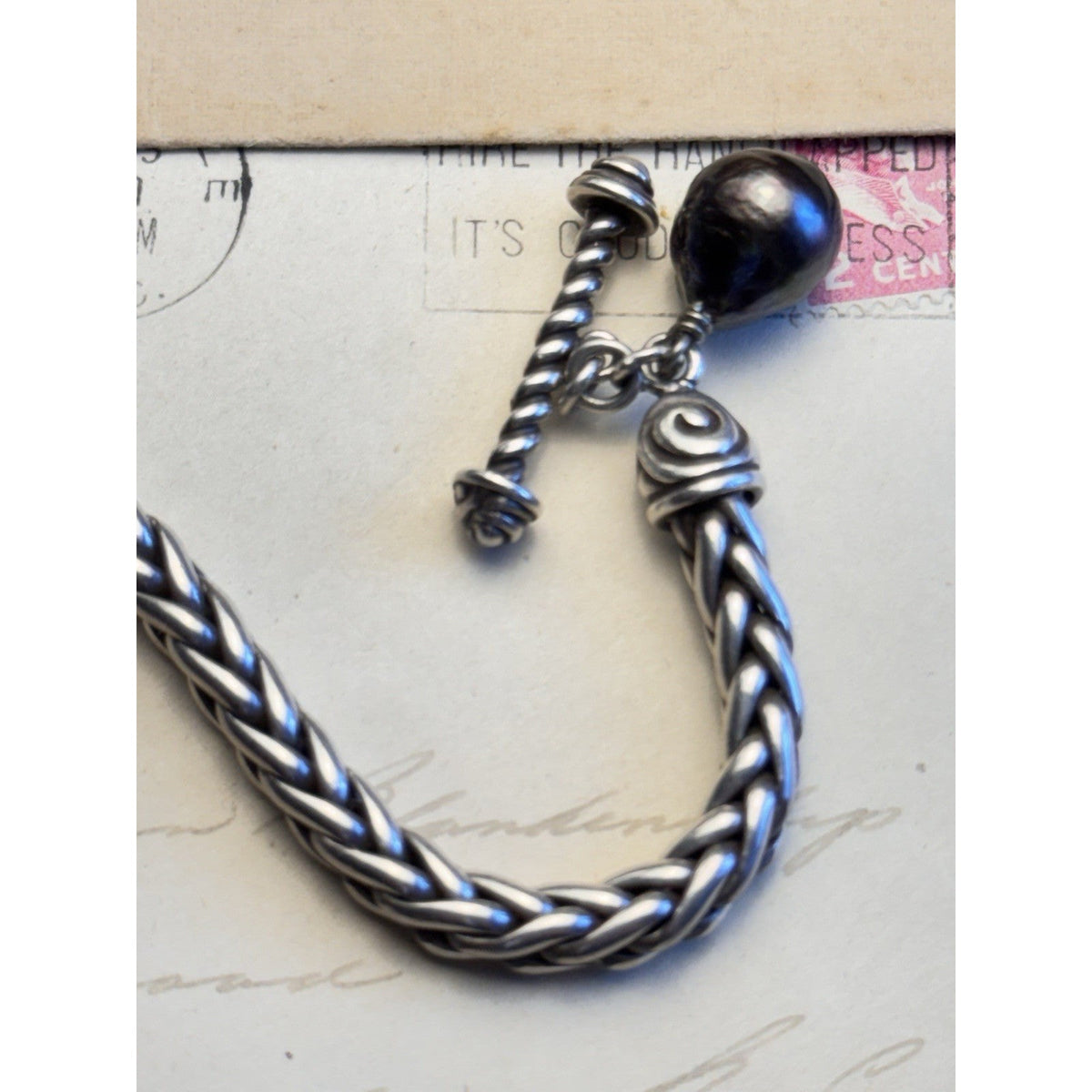 ZINA Sterling Bracelet Braided Chain 925 Toggle Black Baroque Pearl 6.75”