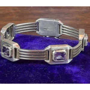 Vintage Sterling Silver Purple Stone Geometric Link Bracelet 6.5” Art Deco Style