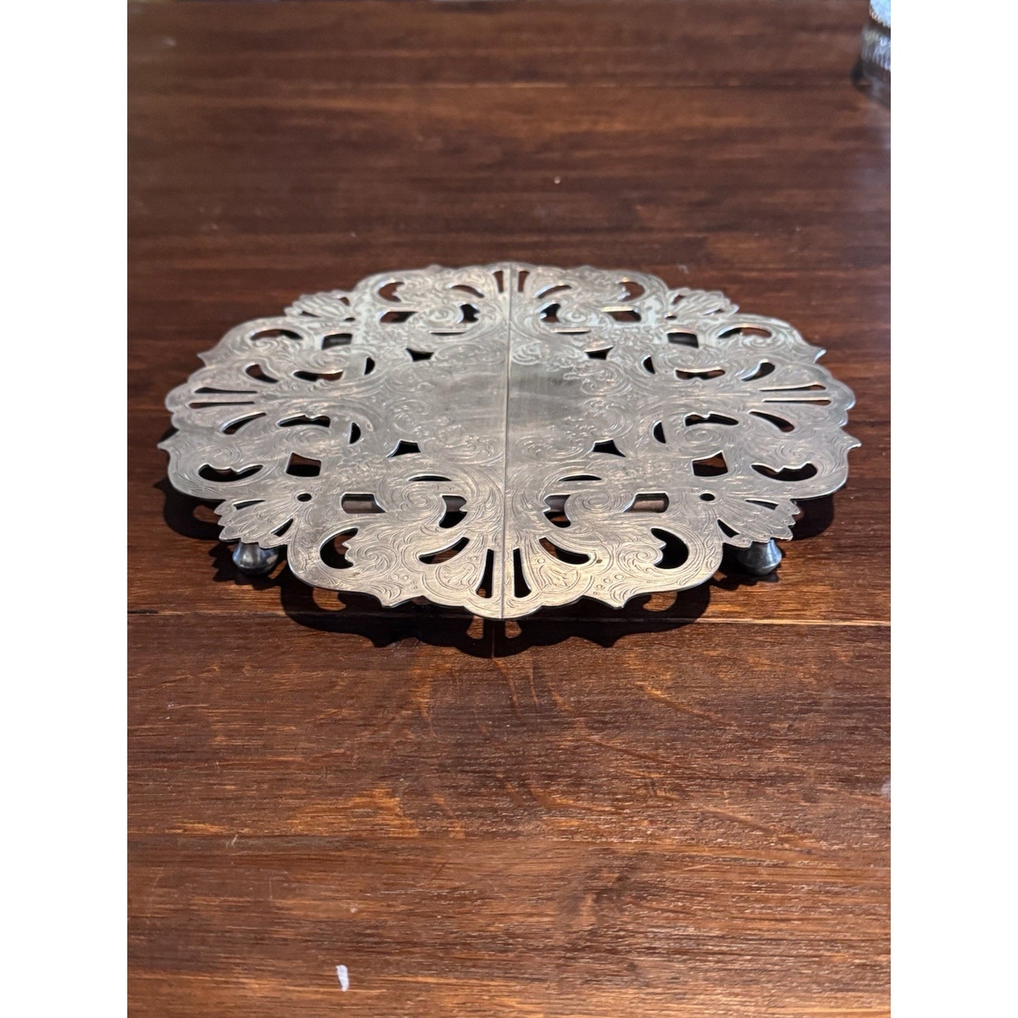 Silverplate Expandable Trivet Footed Serving Dish Stand Pierced VINTAGE