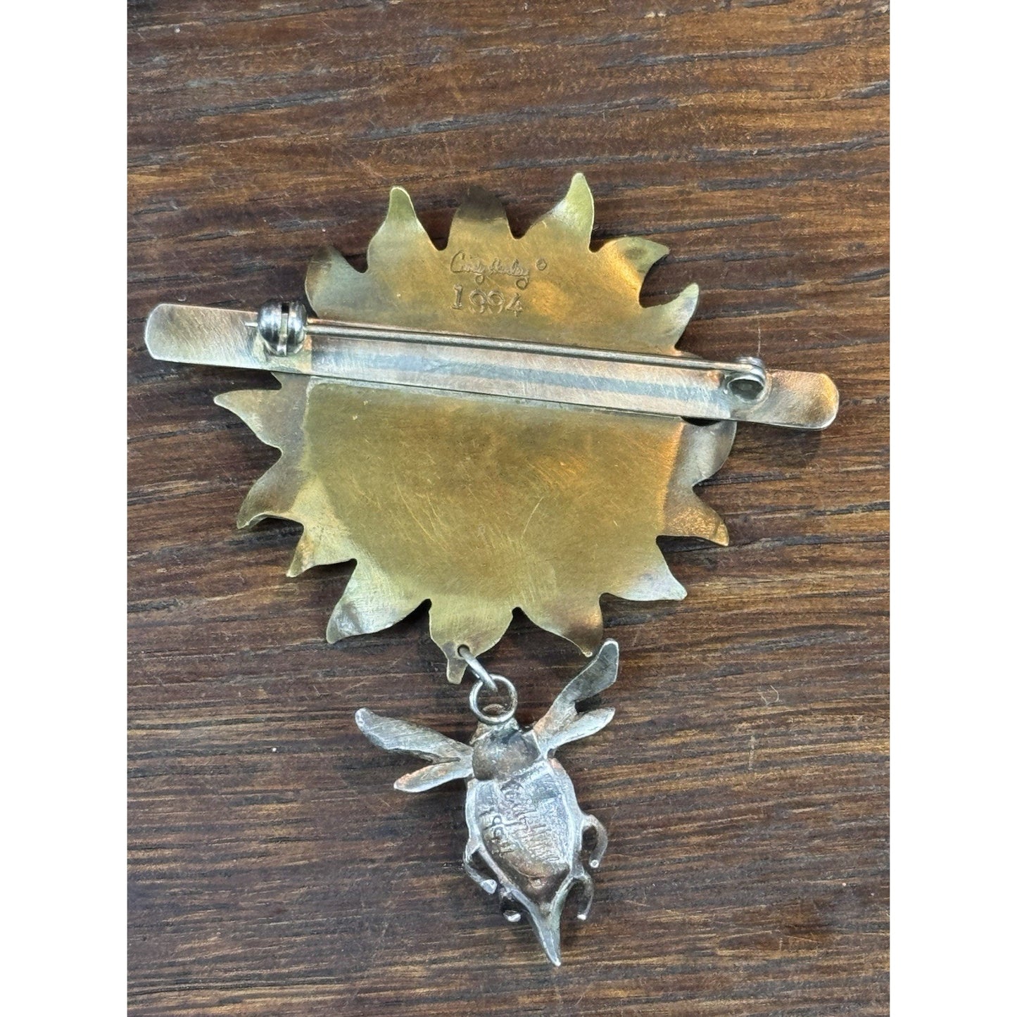 Vintage Bee Brooch Cindy Hardey 1994 Sunflower Mixed Metal Artisan 2.5” x 2”