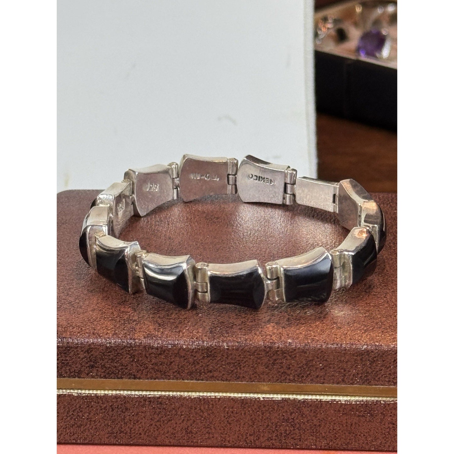 Vintage Mexico 950 Silver Bracelet Black Onyx Articulated Link 7” Modernist