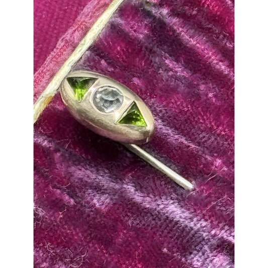 Vintage Gold Filled Stick Pin Green Clear Rhinestone Art Deco Style 2.5”