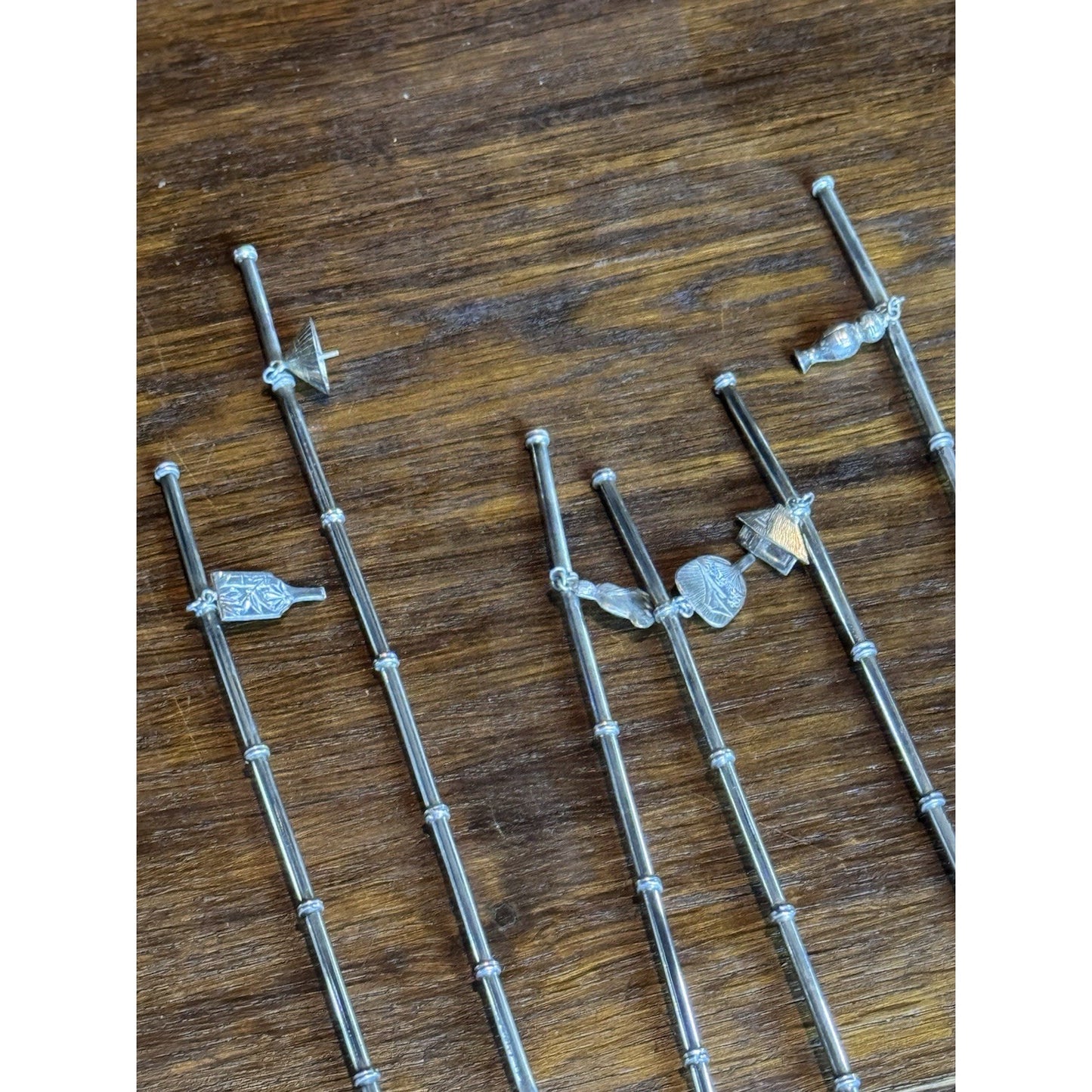 Silver Cocktail Straw Spoons 950 Sterling Bamboo Handle Asian Charms Set VINTAGE