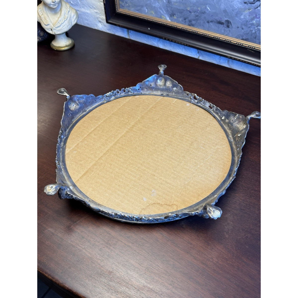 Mirror Plateau Ornate Silvertone Lion Head Paws Beveled Round Top SCRATCHED