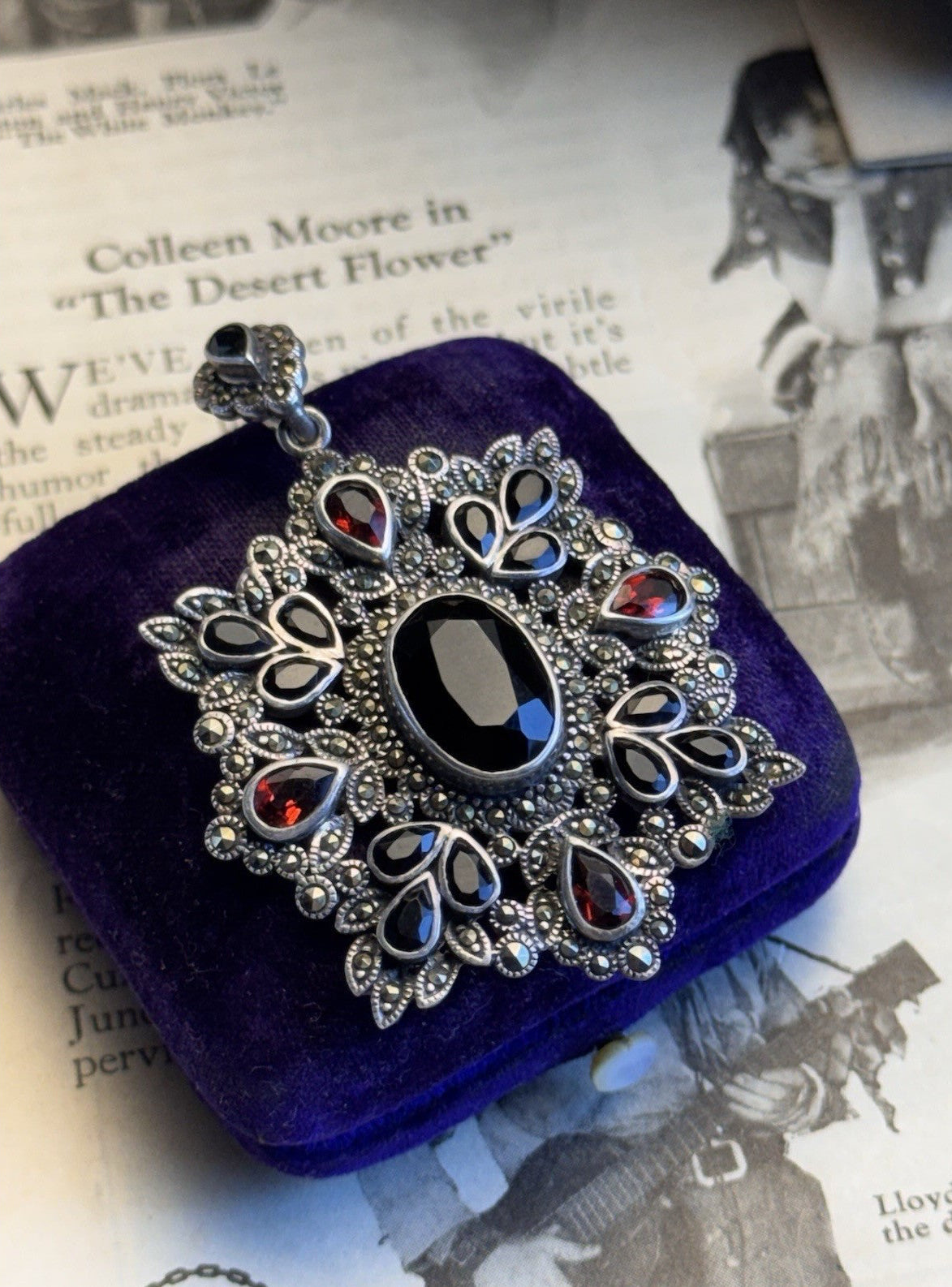 Sterling Silver Pendant Garnet Black Stones Marcasite Victorian Revival 2.25”