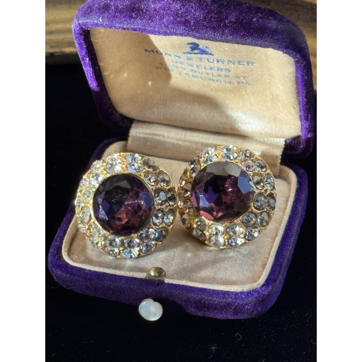 Blair Delmonico Clip On Earrings Purple Clear Rhinestone Round Vintage