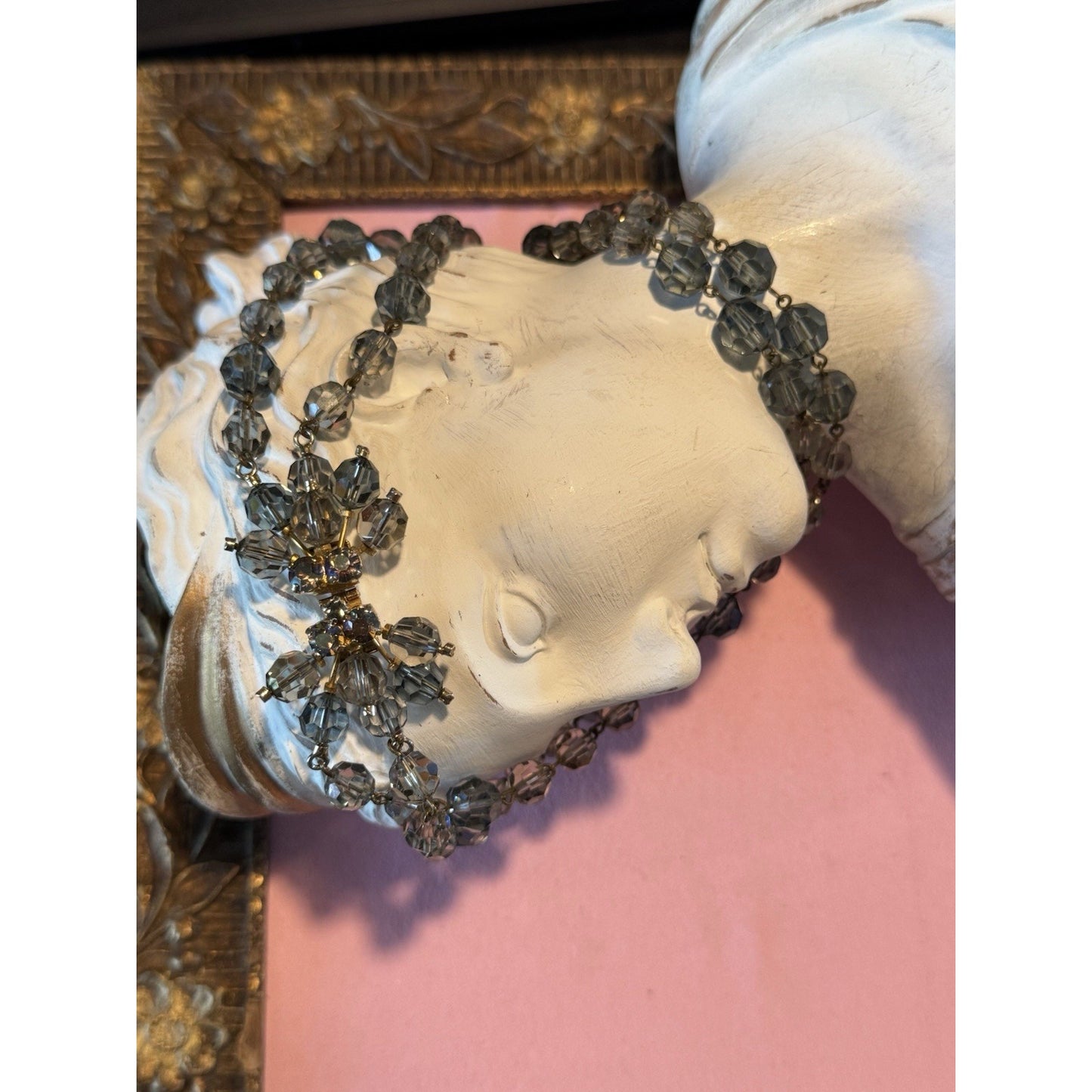 Vintage Austrian Crystal Bead Necklace Signed Gray Blue Faceted Beads 16”