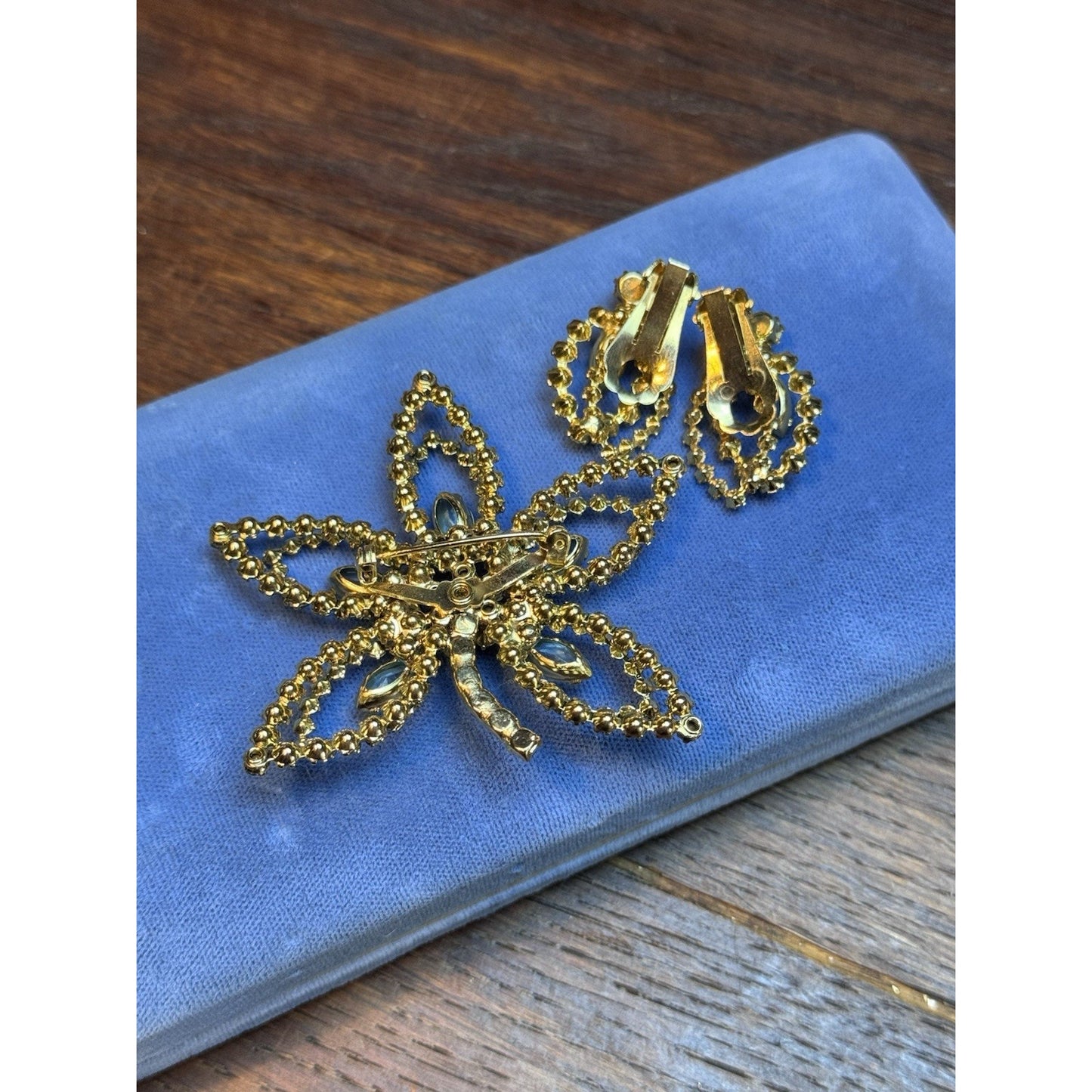 Vintage Rhinestone Brooch & Earring Set Blue Rhinestones Openwork Floral Design
