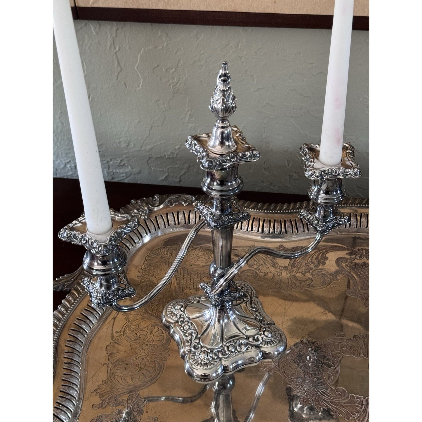 Antique Style Repousse Candelabra Pair Silverplate 3 Light W Snuffers 11”