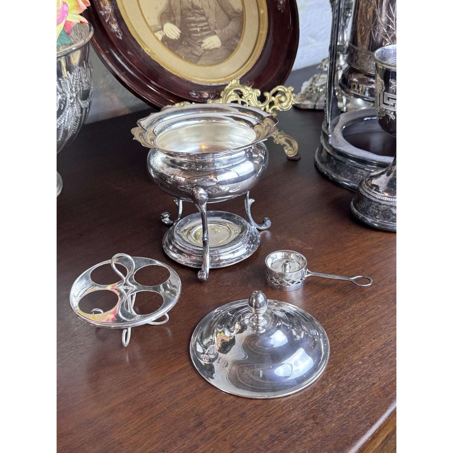 James Dixon & Sons English EPNS Silver Plate Egg Coddler Spirit Stove 7” Vintage