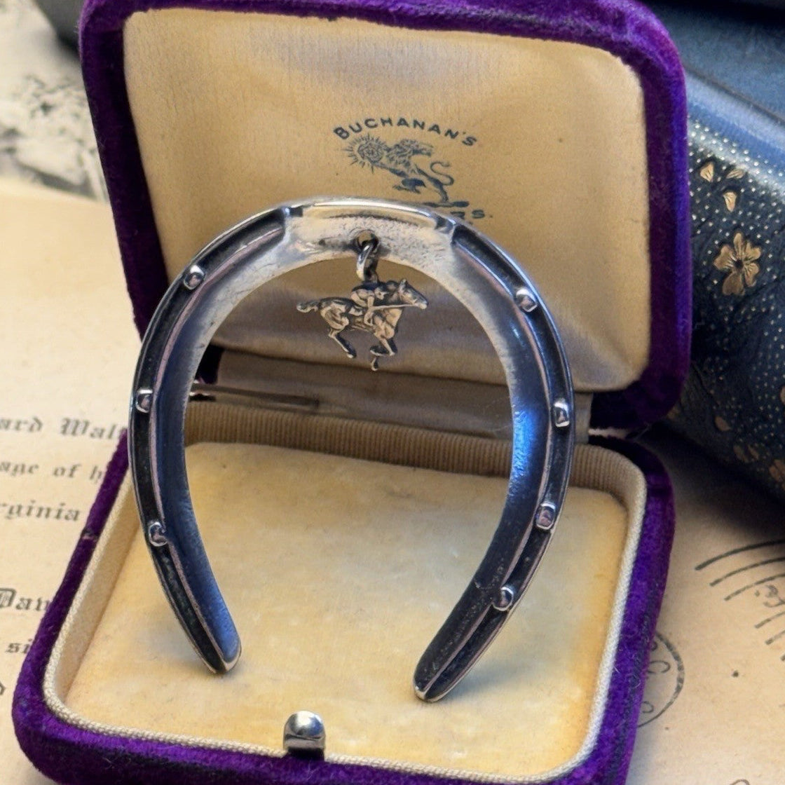 Sterling Brooch Horseshoe Horse Jockey Dangle Equestrian Racing Vintage 2”
