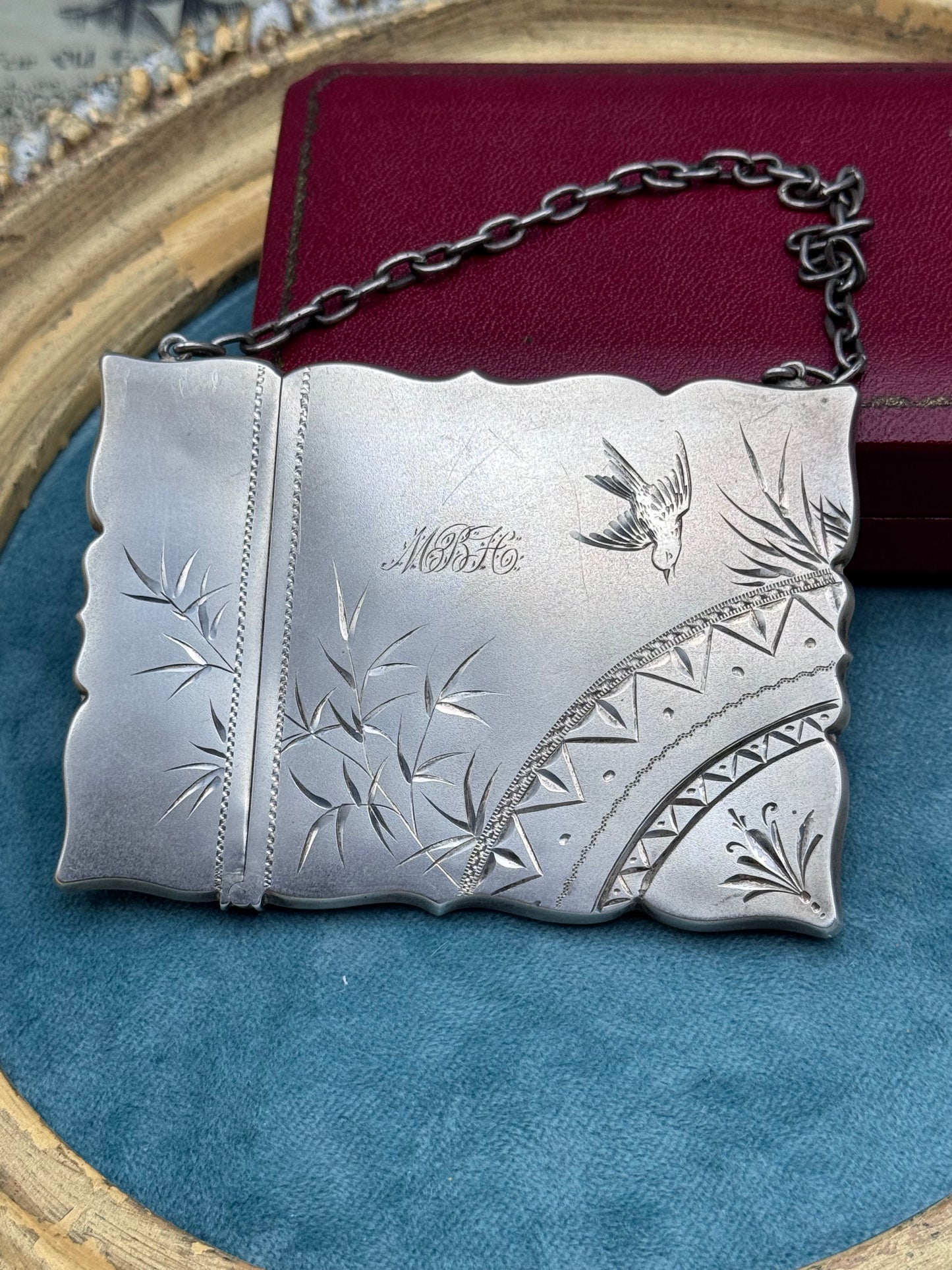 Antique Victorian Calling Card Case Aesthetic Movement Bird Bamboo STERLING Silver - Monogram MBH Fits Credit Card!!