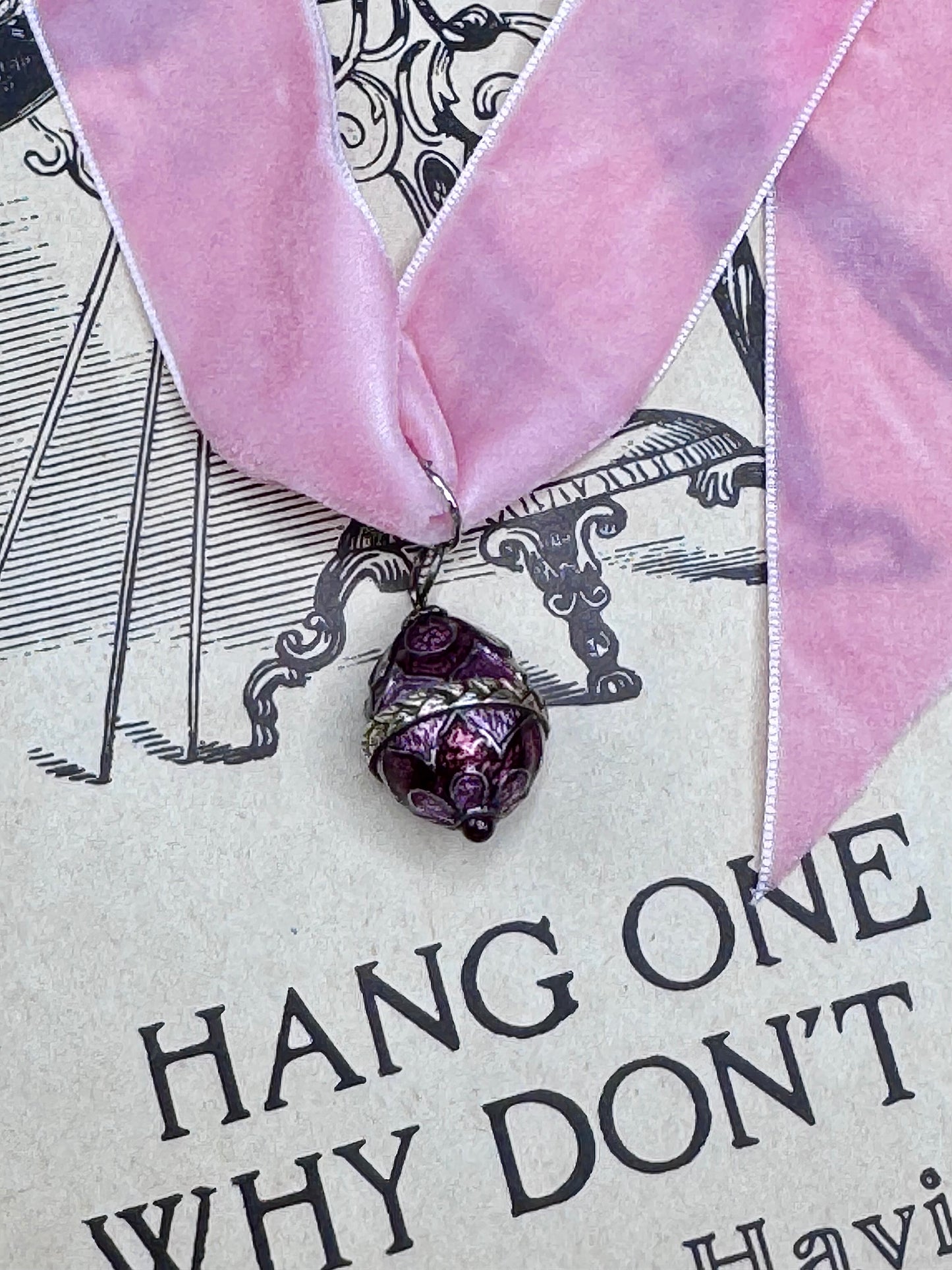 Vintage Guilloche Enamel Egg Pendant Purple Floral Pink Velvet Ribbon
