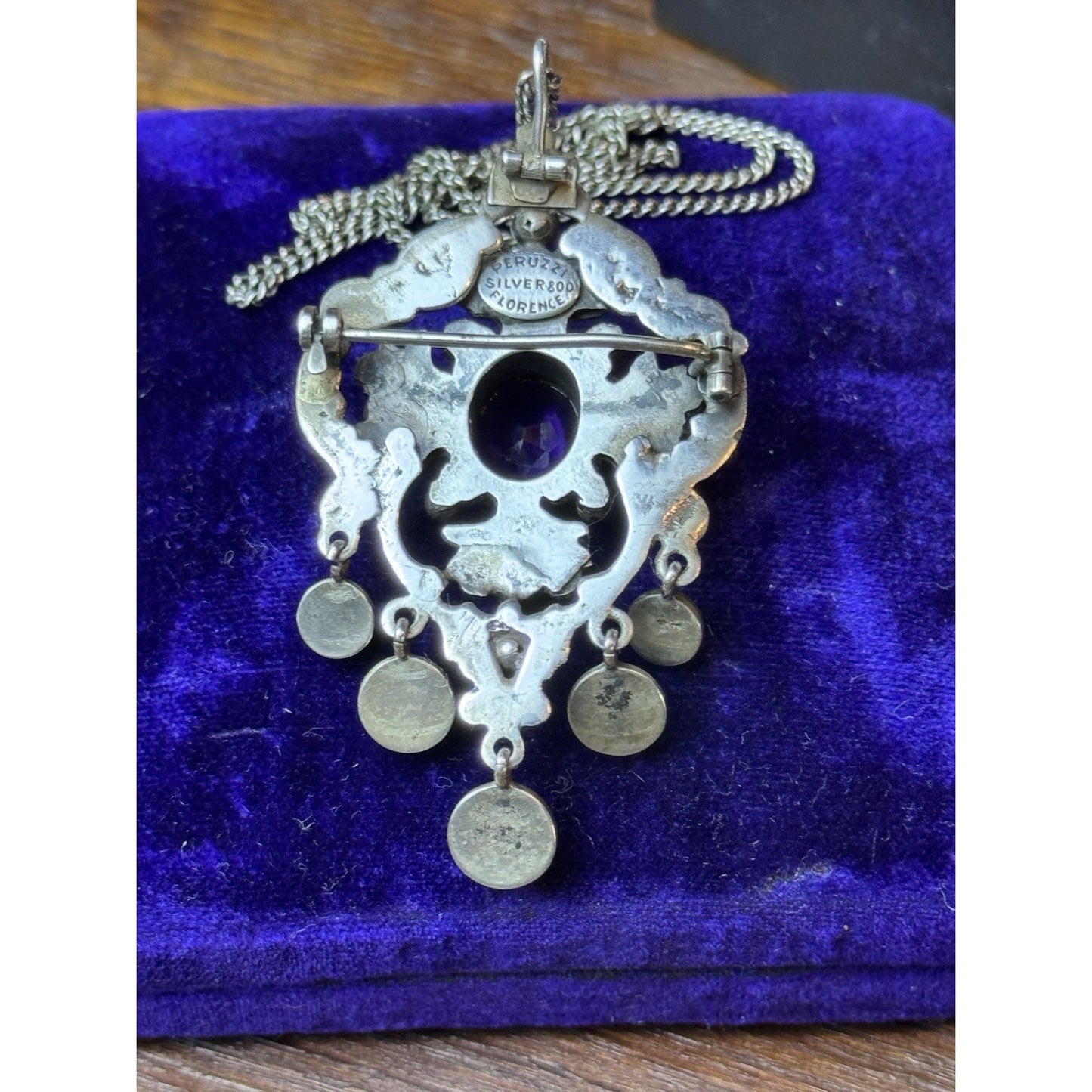 PERUZZI 800 Silver Florence Pendant Brooch Renaissance Revival Purple Stone