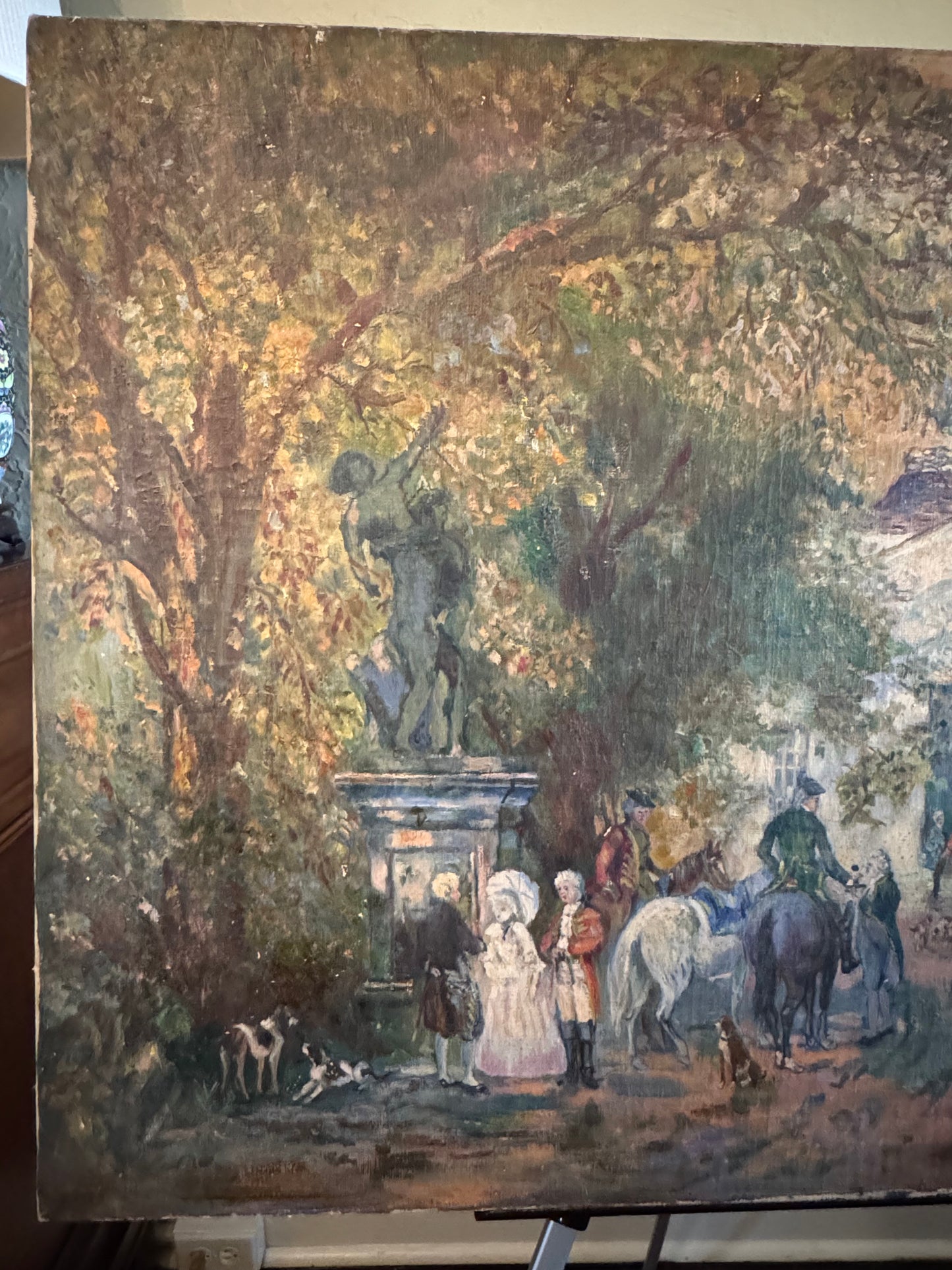 Vintage Oil Painting Fox Hunt Scene Country House Equestrian 35 X 25”