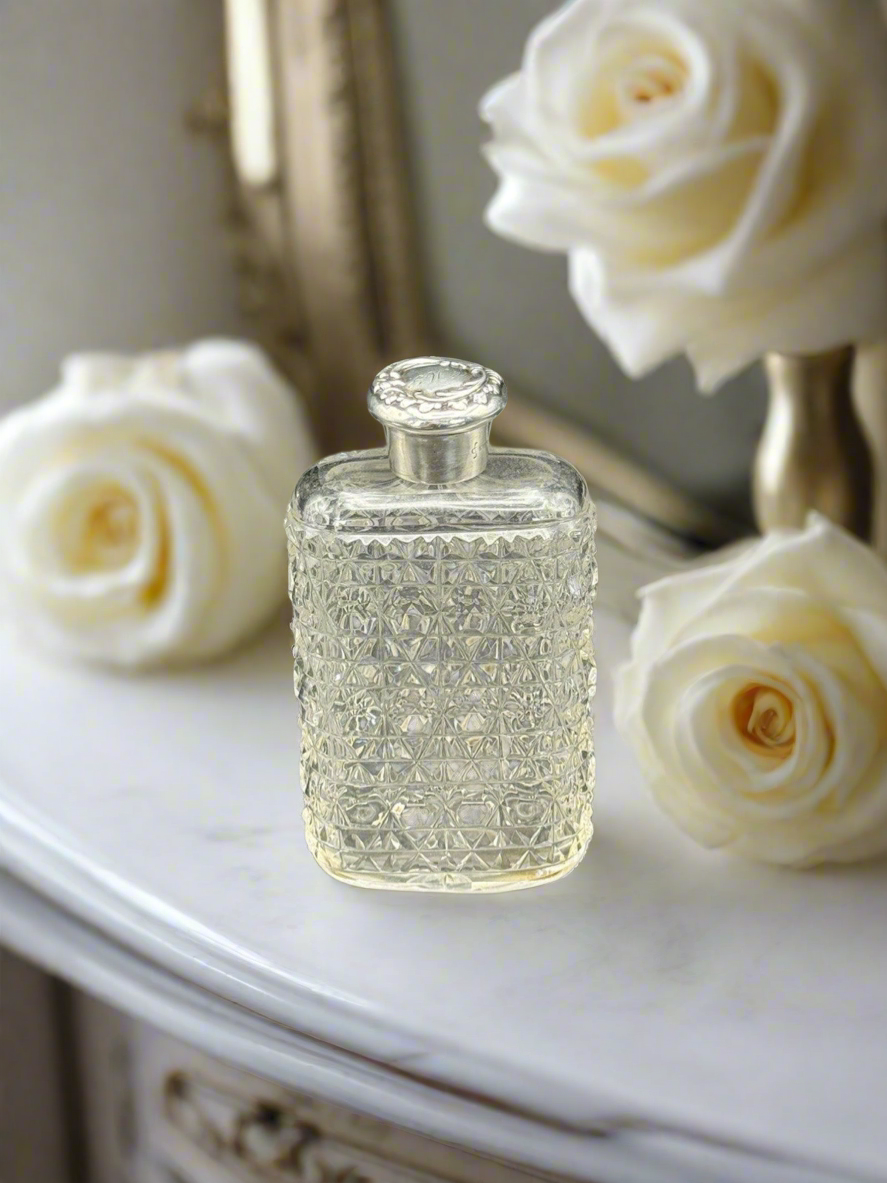 Antique Sterling Screw Lid Cut Crystal Empty Scent Bottle Monogram Dented Lid‼️