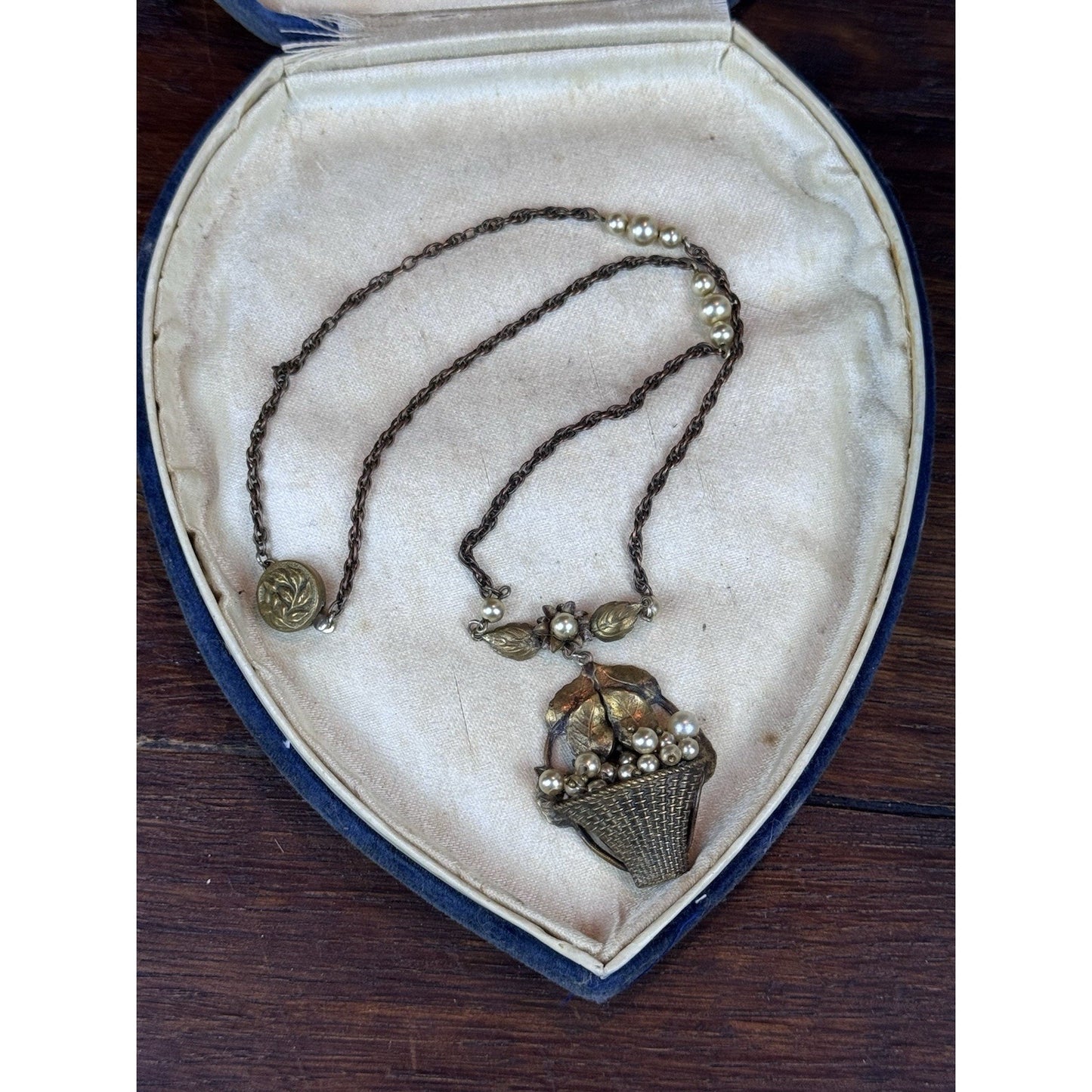 Vintage Floral Basket Necklace Brass Tone Faux Pearl Pendant 16.5” Romantic
