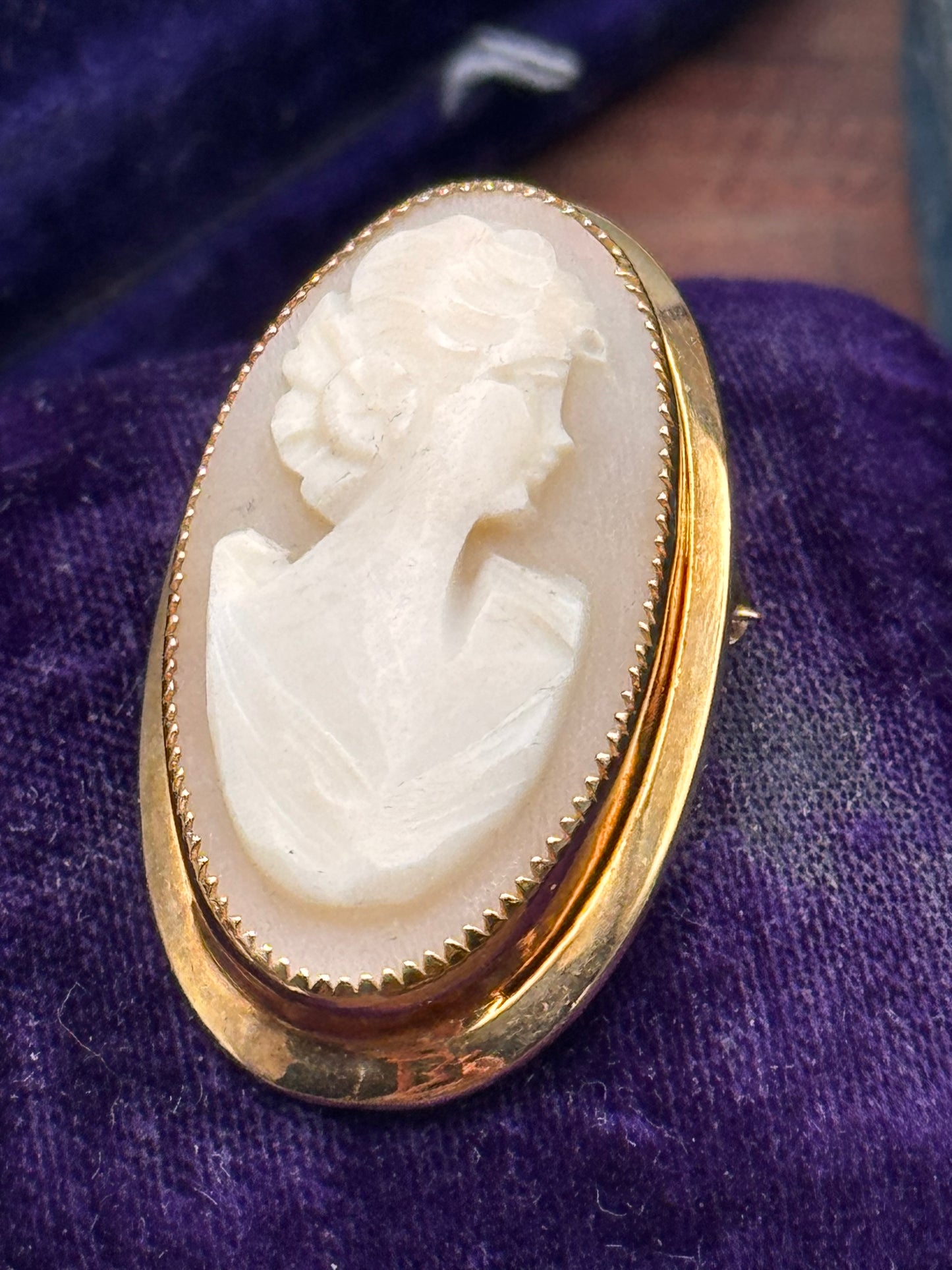 Vintage Gold Filled Carved Shell Cameo Brooch Oval Portrait 1 3/8”