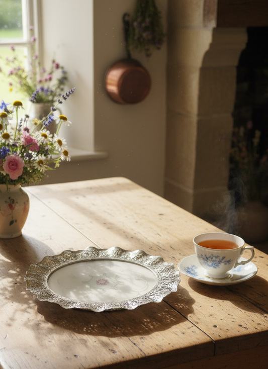 Silver Plate Cake Glass Tray a True Vintage Shabby Chic Metal Openwork With Lace Work