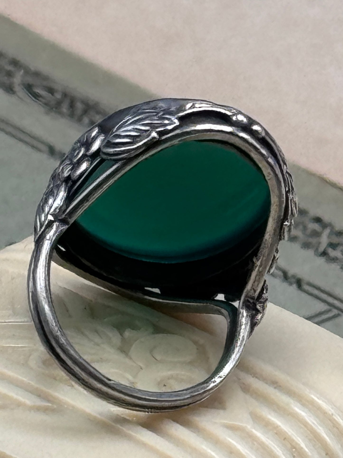 Sterling Silver TESTED Green STONE Ring Floral Statement Cocktail Ring Size 6