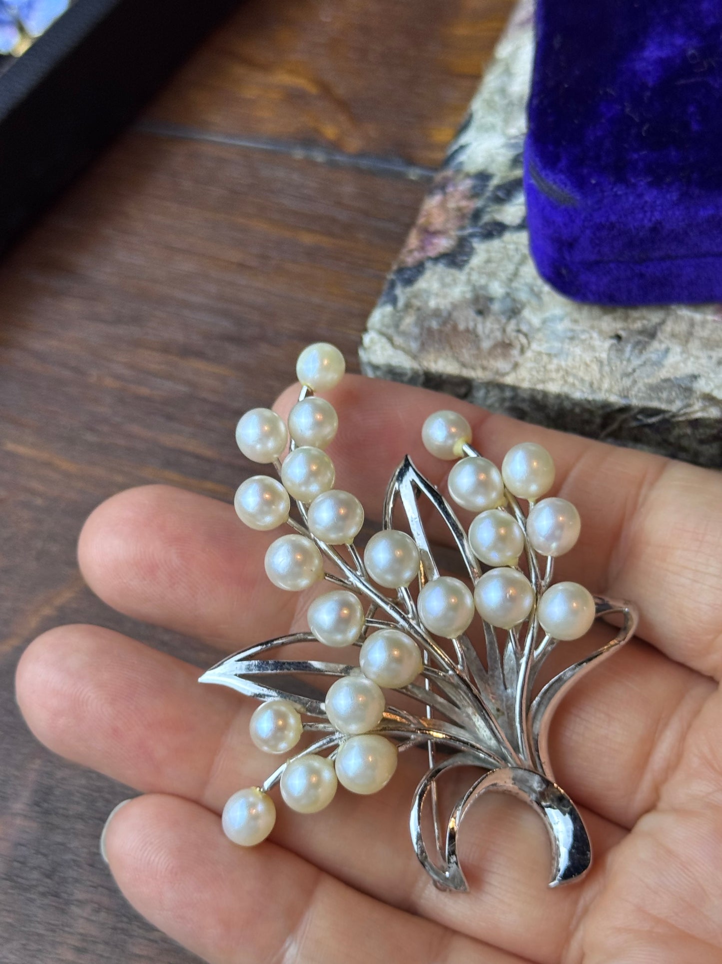 Vintage Sterling Silver Cultured Pearl Floral Spray Brooch 3” Mid Century Pin