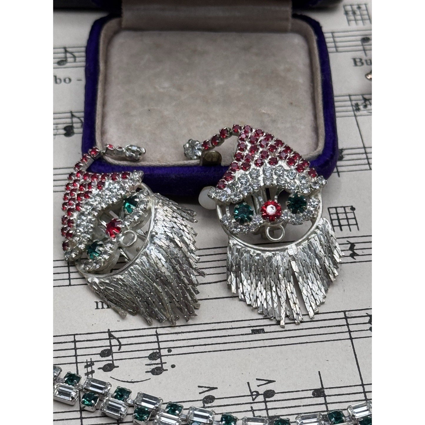 Vintage Santa Clip On Earrings Red Green Clear Rhinestone Fringe Beard