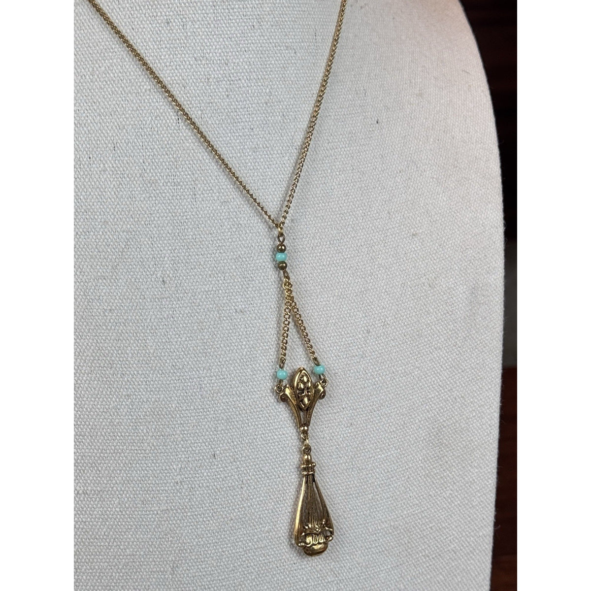 Vintage ART Lavalier Necklace Goldtone Turquoise Blue Beads 16” Signed Pendant