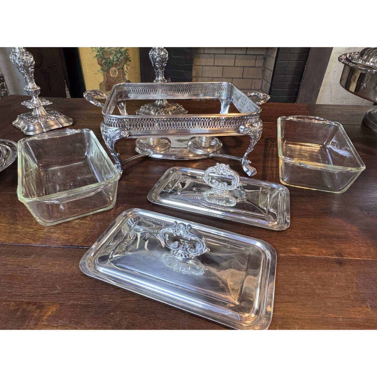 Silverplate Double Chafing Dish Warmer with Two Fire-King 1 Qt Covered Dishes