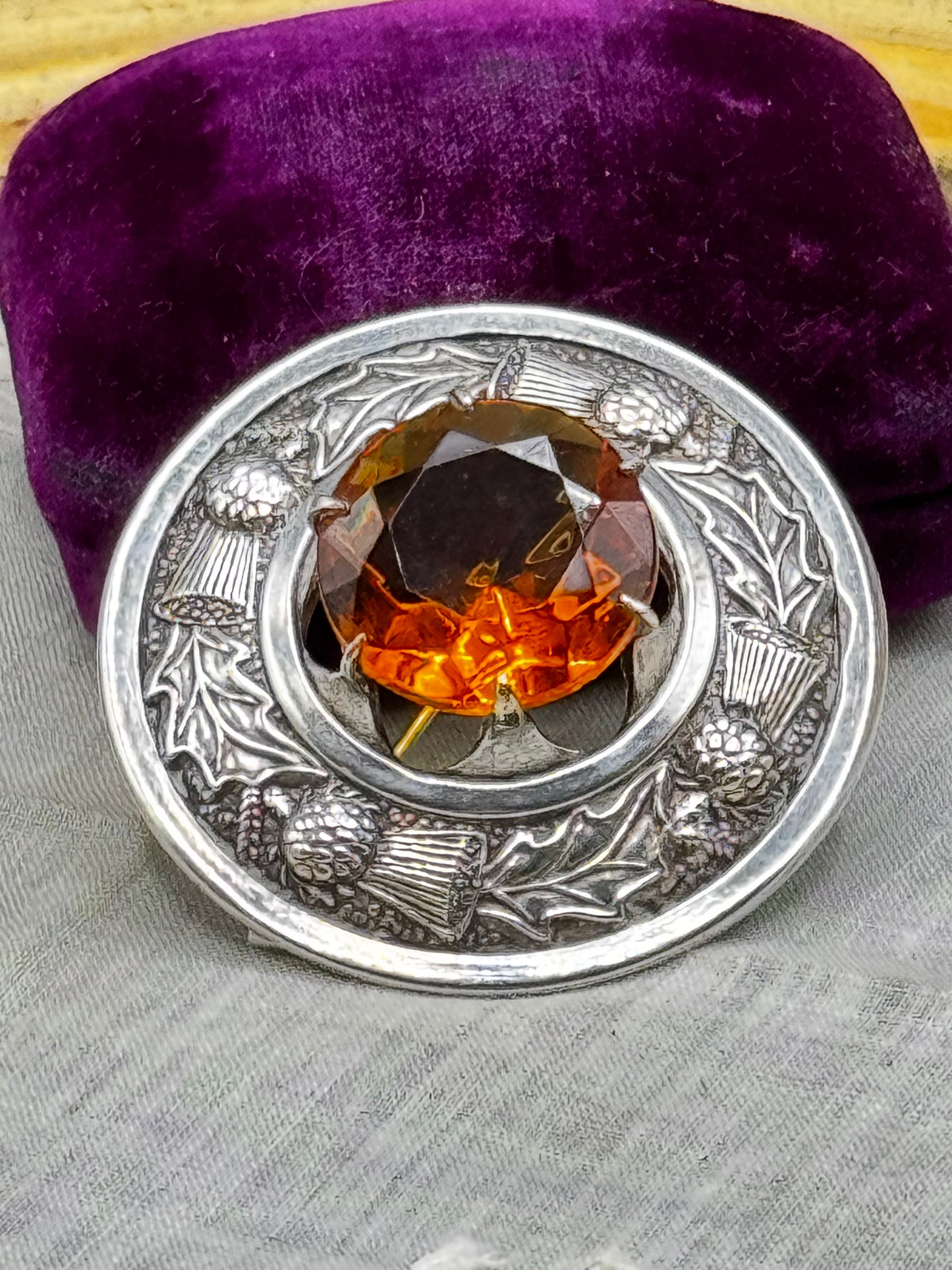 Scottish Thistle Brooch Silver Tested Amber Glass Faceted Stone 1.75” Signed Made Britain