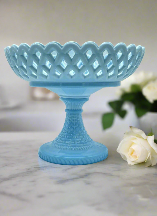 Antique Blue Milk Glass Compote Bowl Pedestal Basket Weave Challinor & Taylor