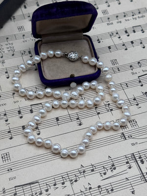 Vintage Cultured Pearl Necklace 7mm Knotted Strand 16.5” Filigree Clasp White