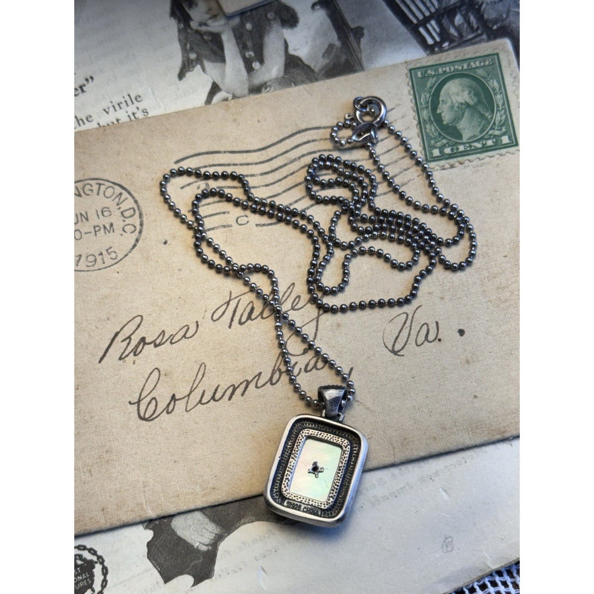 925 Sterling Silver Mother Of Pearl Marcasite Pendant Necklace 23” Ball Chain 1”
