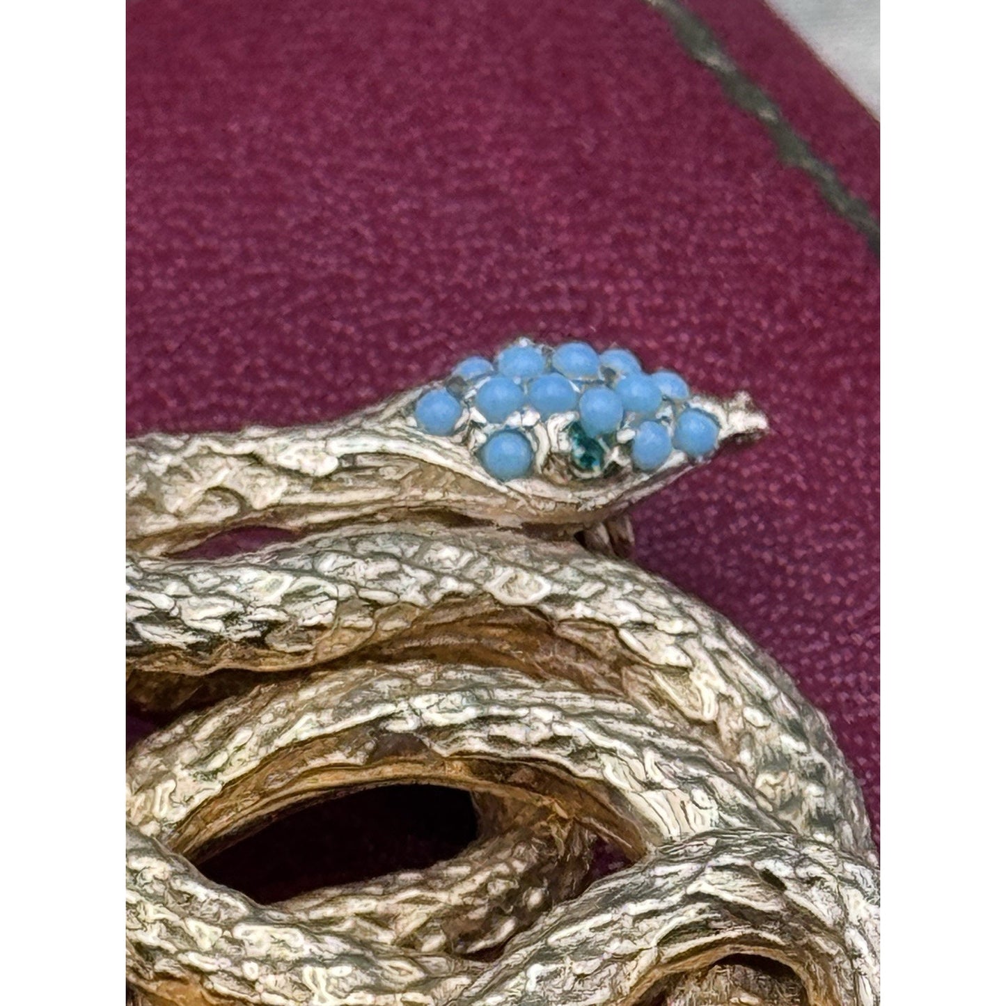 Les Bernard Snake Brooch Goldtone Serpent Blue Cabochon 2” Signed Inc Vintage