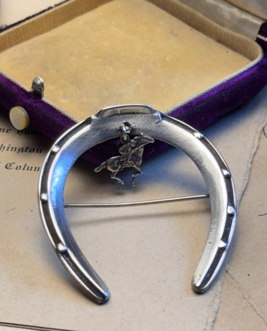 Sterling Brooch Horseshoe Horse Jockey Dangle Equestrian Racing Vintage 2”