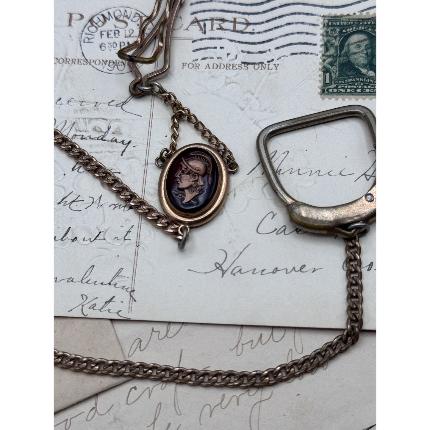 Vintage Rose Goldtone Watch Chain with Roman Centurion Faux Intaglio Pendant