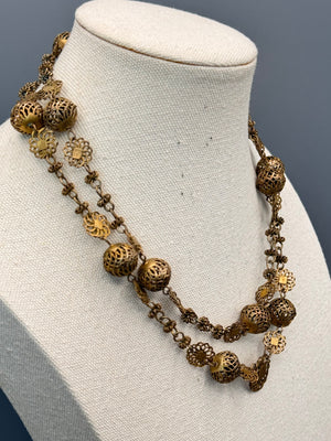 Vintage Necklace Long Brass Tone Filigree Bead Chain Endless 36”
