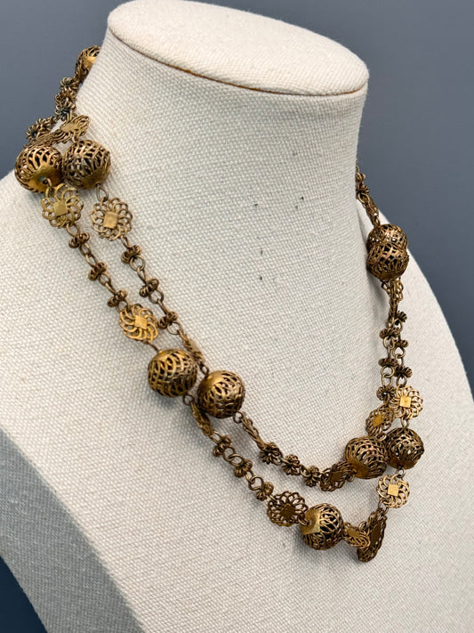 Vintage Necklace Long Brass Tone Filigree Bead Chain Endless 36”
