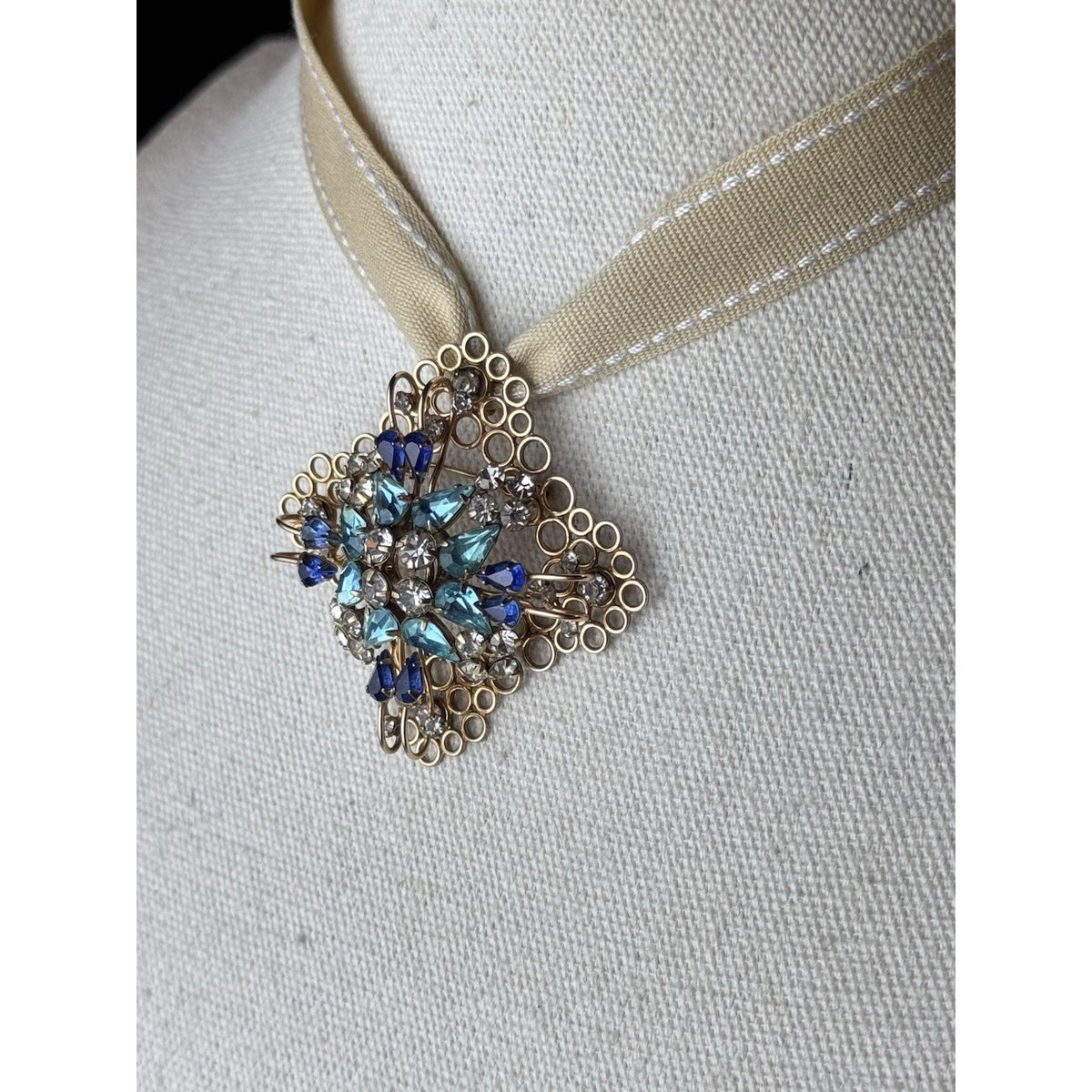 Deri Brooch Pendant Blue Rhinestone Gold Filled SIGNED 2” Vintage