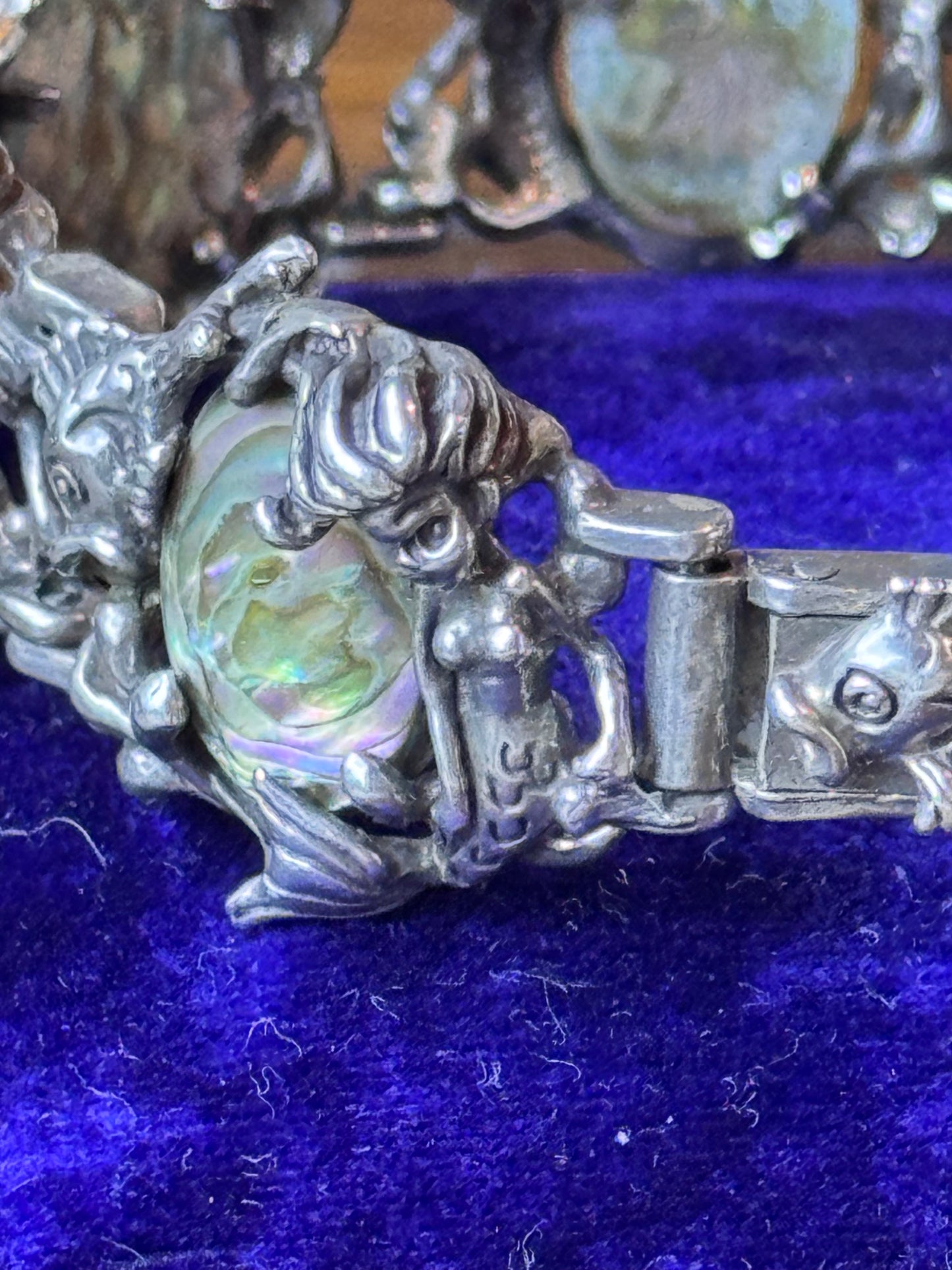 Vintage Sterling Mermaid Abalone Bracelet Fish Clasp 6.5” Art Nouveau Style