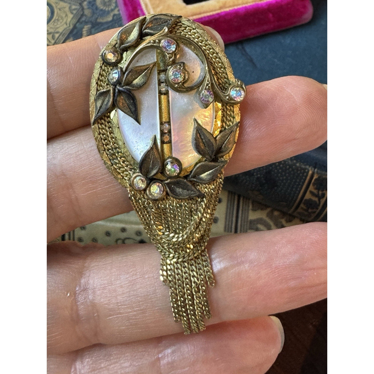 MARENA Brooch Pendant Goldtone Tassel Rhinestone Handmade Germany Vintage 2.75”