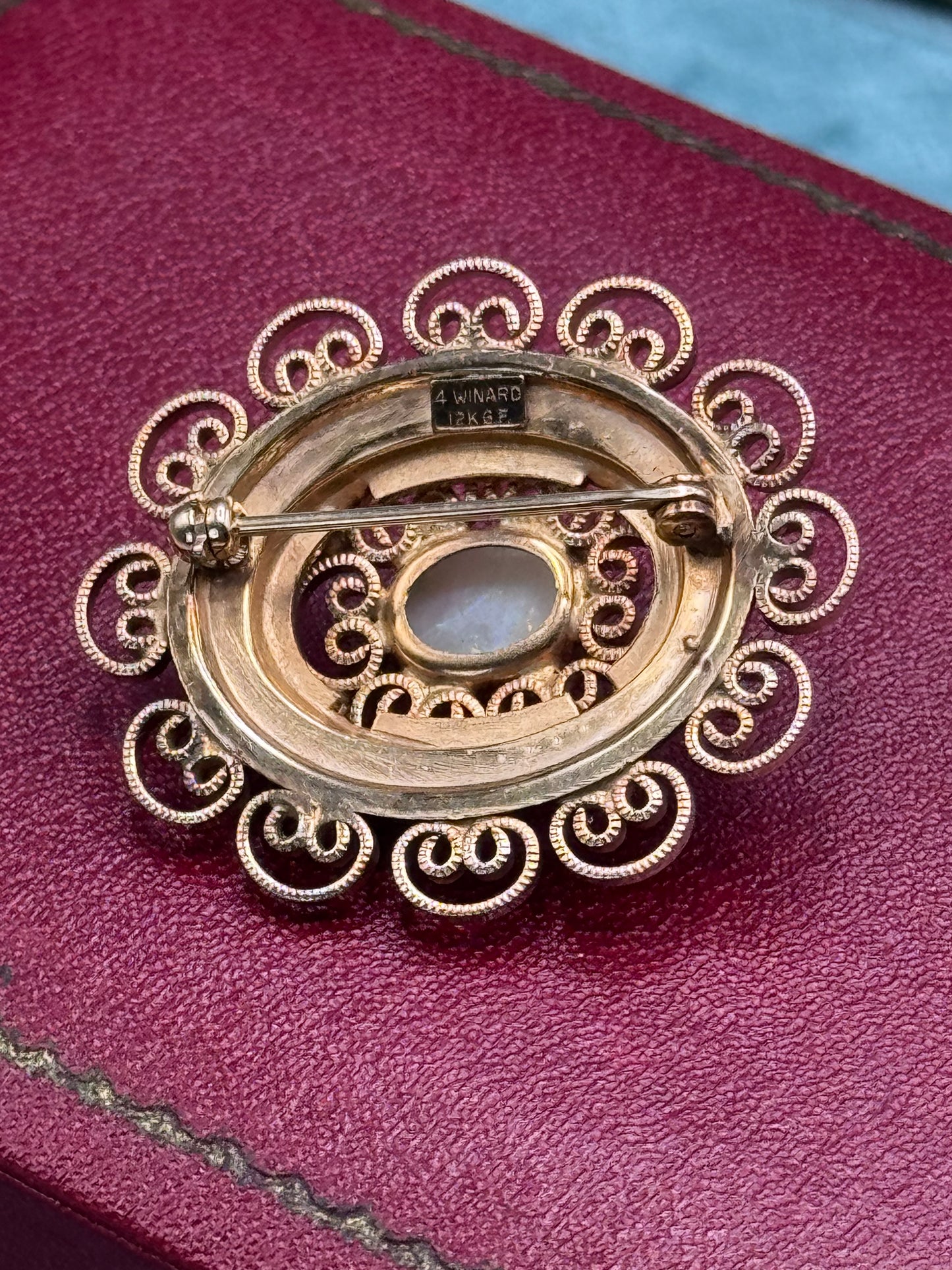 Vintage Winard 12K GF Etruscan Revival Brooch White Cabochon Filigree Pin