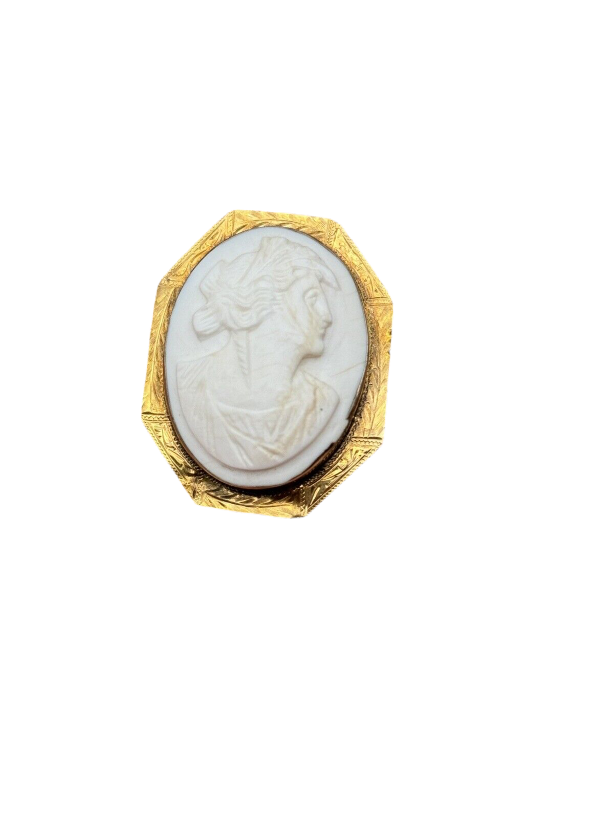 Antique 10kt Gold White Carved Coral Cameo Brooch Pendant Chased Frame EDWARDIAN