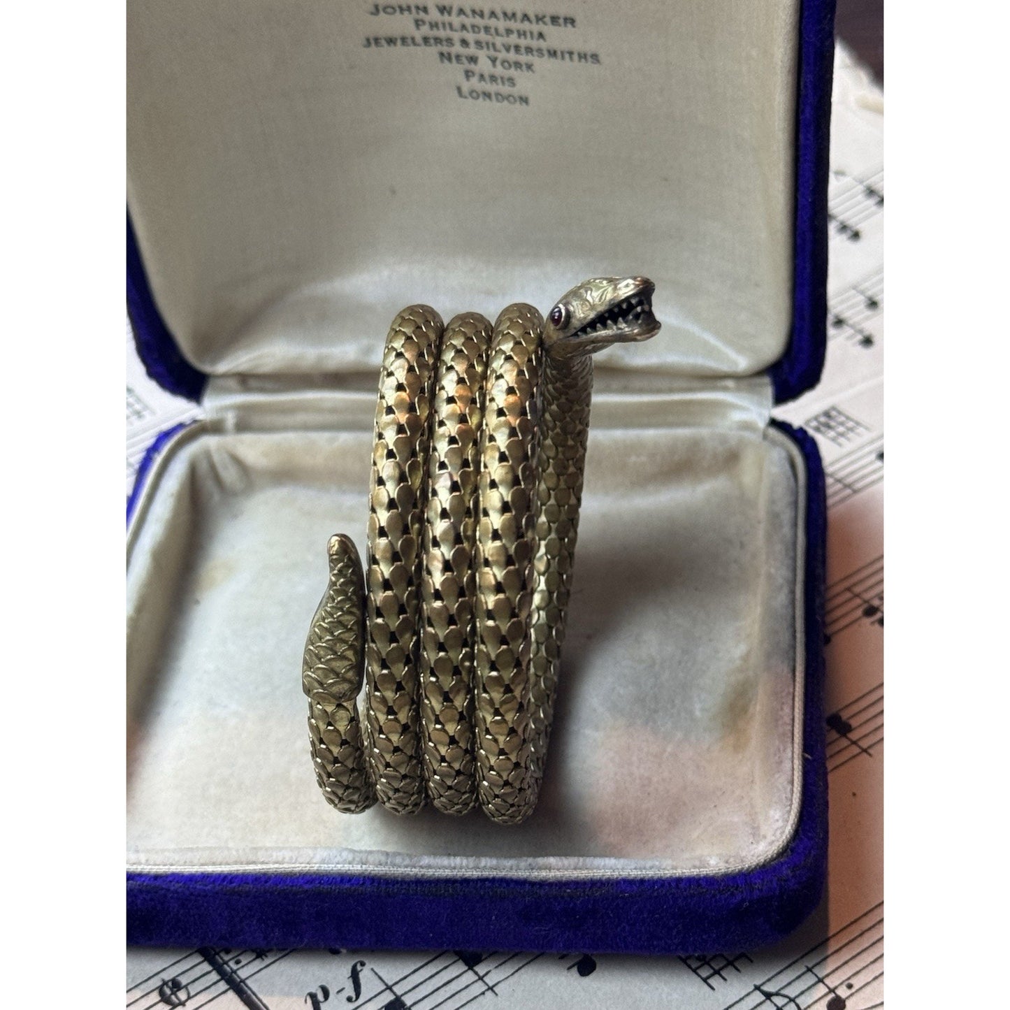Snake Coil Bracelet Victorian STYLE Goldtone Red Glass Eyes 6.25” x 1”
