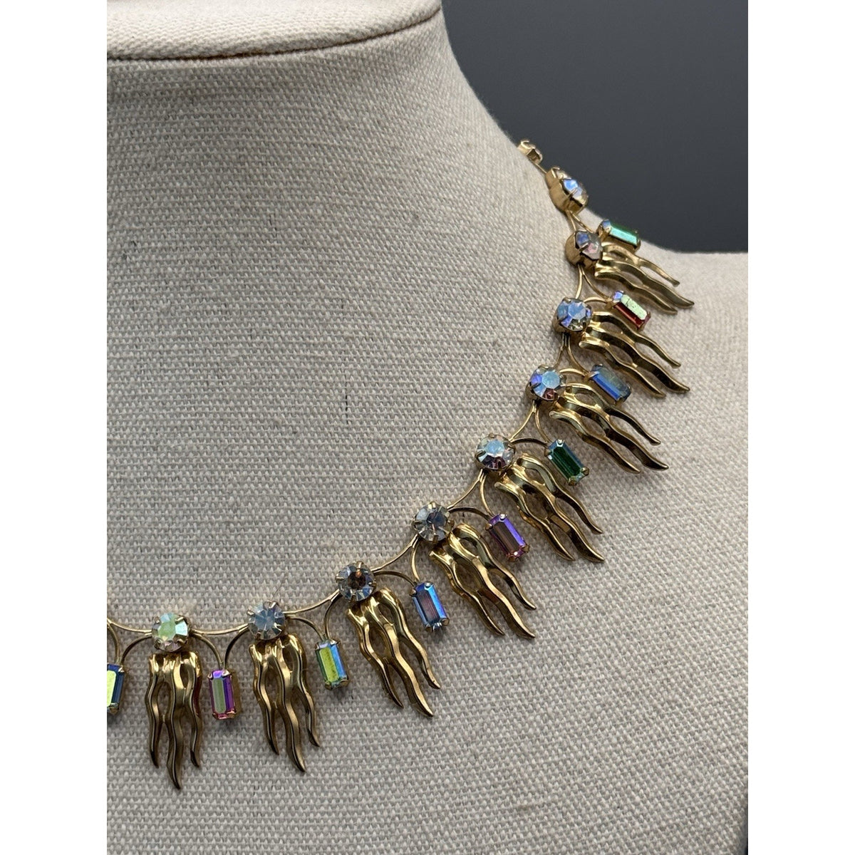 Mid Century Rhinestone Necklace Earrings Set Multicolor AB Goldtone 16”